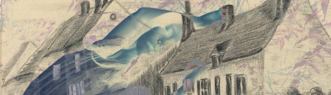 A young sleeping woman is over layed against a sketch of a semi-detatched house.