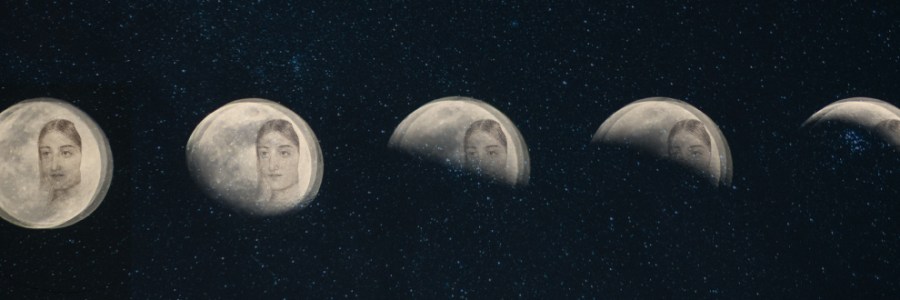 A series of moons at various stages in the moon cycle with a starry background, all with a woman's face superimposed.