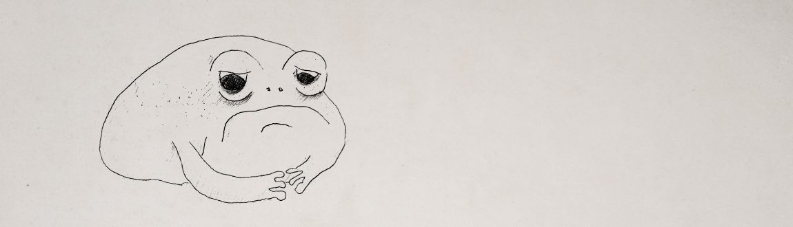 A black and white line art drawing of a frog who has a sad expression